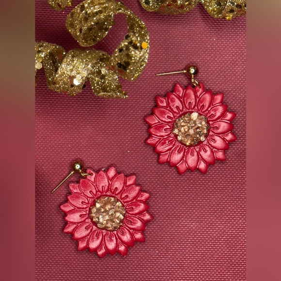 Red Poinsettia Glass Glitter Earrings w/ Gift Box - Picture 2 of 4